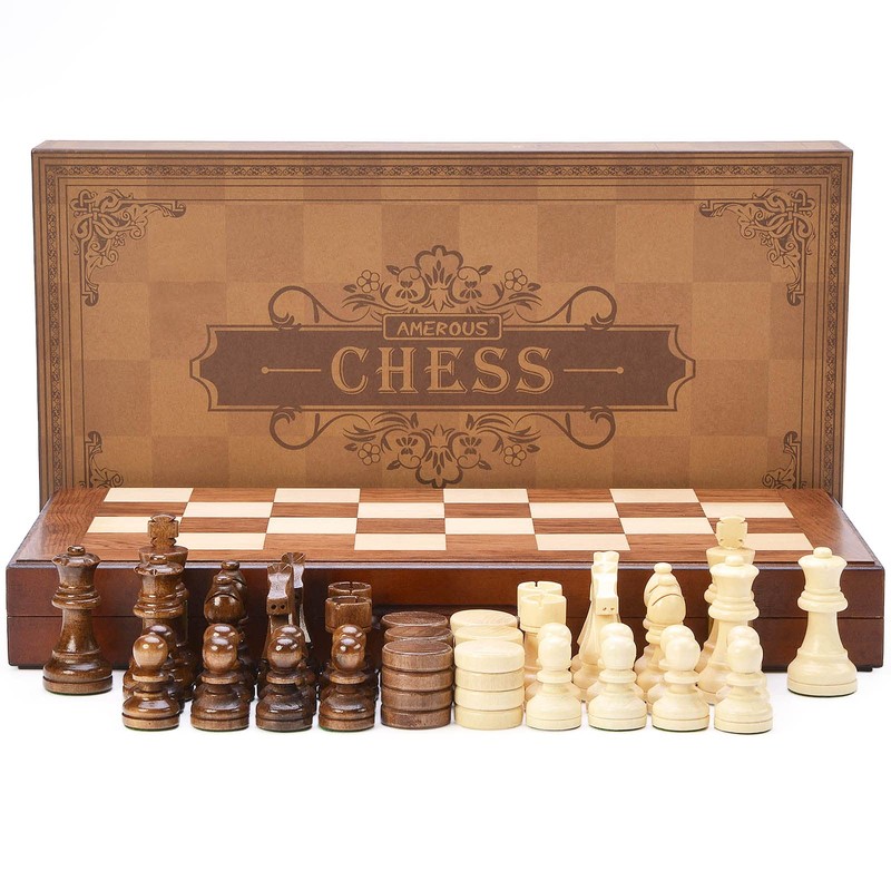 AMEROUS Wooden Chess & Checkers Set with Upgraded Weighted Chess
