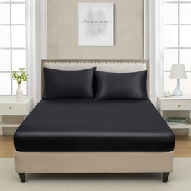 Silky Satin Fitted Sheet Classic Luxury Silky Soft Plain (Black, 160x200)