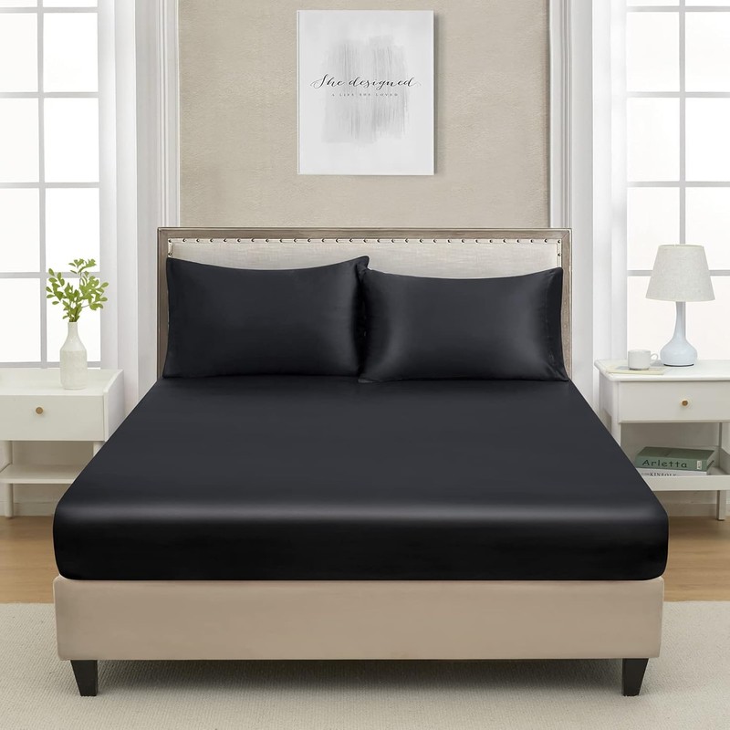 Silky Satin Fitted Sheet Classic Luxury Silky Soft Plain (Black,