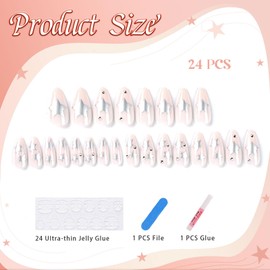 IOSPKKIO® 24 Pieces Press On Nails, Short Almond Y2K Silver Stars, Artificial Acrylic Nails with Design, Stiletto Glue on Nails, Reusable Manicure Set with Fake Nail Tips