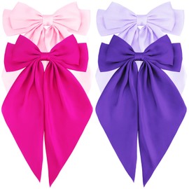 Atoden Hair Bows Silky Satin Bows for Hair Ribbons 4Pcs Coquette Oversized Long Tail Hair Bow Clips Barrettes Big Bowknot Hair Accessories for Women Girl Trendy Stuff Gifts (Pink Purple)