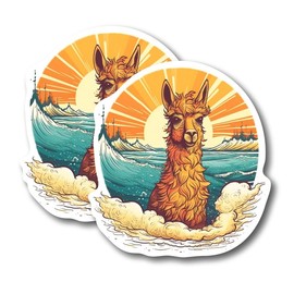 (2 Pack) Llama Ocean Sunset Stickers - Cool Retro Llama Stickers - 5" On Longest Side - for Car, Truck, SUV - Easy Peel and Stick Vinyl Decals - Made in USA - BMCS0134