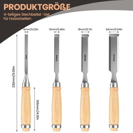 4 Tlg. Stechbeitel Set für Holz – Hochwertige Stemmeisen Holz Aus Gehärtetem Kohlenstoffstahl mit Holzgriff – Holzbearbeitungswerkzeuge für Präzises Arbeiten 6/12/18/24mm