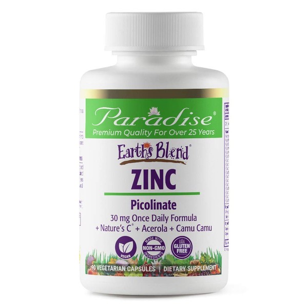 Paradise Herbs Zinc Supplements with Picolinate and Natures C, Gluten Free, Non GMO, Vegan, 30 mg, 90 Capsules