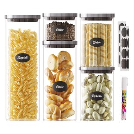 glass food storage jars,stainless Steel Lids,5 assorted stackable containers vacuum seal,for cereal tea Coffee Sugar,Kitchen & Pantry organizer Clear Glass,included 16 waterproof sticker & Marker
