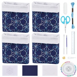 FREEBLOSS 4 Set DIY Sashiko Kit Mini Storage Basket Dark Blue Storage Basket Bins Baskets for Organizing Crafts for Adults Home Handcraft