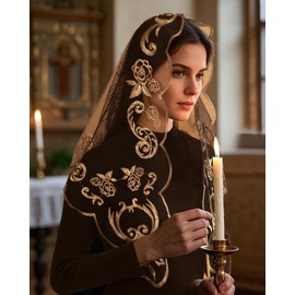 Bozidol Mantilla Catholic Veil Triangle Lace Church Veils for Women Embroidered Holy Cross and Rose Christian Head Covering Black Gold