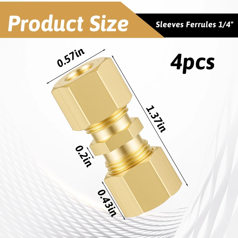 4PCS Brass Compression Tube Fitting 1/4 Compression Fitting 1/4" Tube