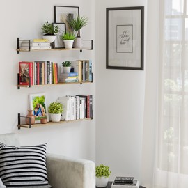 Wallniture Toledo Floating Bookshelf Set of 3, Wood Floating Shelves for Wall Storage, 36"x6" Long Wall Shelves for Living Room, Bathroom, Bedroom, Kitchen Pantry,Burnt Finish