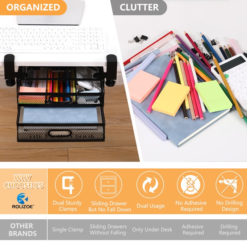 Sliding Under Desk Drawer Organizer No Drilling 2 Drawers Slide