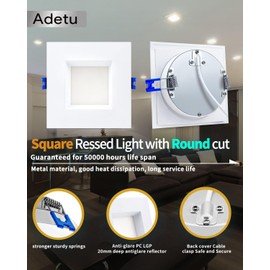 Adetu 4 Inch Anti-Glare LED Downlight,Dimmable Ceiling Light with 5CCT Reset,Selectable from 2700K to 5000K - 12W 1080LM, ETL Certified (White, 1 Pack Square)