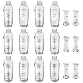 TANEMUDO 12 Pcs Plastic Cocktail Shaker with Scales and Strainer Top, Clear Drink Mixer Cup with Measurements for Tea, Coffee, Boba, and Milk, with 6 Cocktail Measuring Jiggers(700 Cc/ 24 oz)