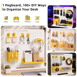 HOHOLEU Metal Desk Pegboard Organizer, No Drill Modular Storage Kit 10 Accessories 15.8x11.8in White Yellow for Office Vanity