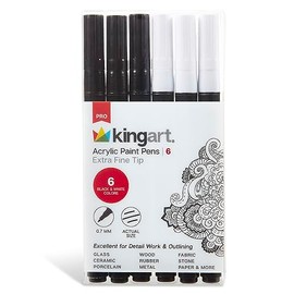 KINGART 453-6A PRO Extra Fine Pt. Black & White Paint Pens, 0.7mm Tip, 6 Acrylic Paint Markers, Low-Odor & Quick Drying for Rock, Wood, Metal, Plastic, Glass, Ceramic & More, Set of 6