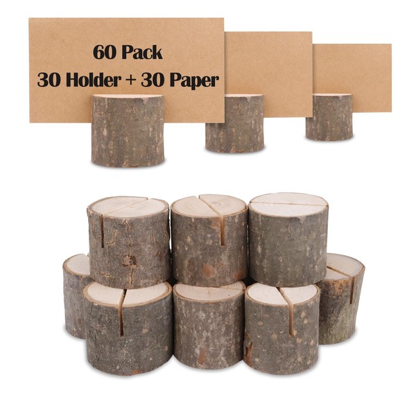 TACYKIBD 30Pcs Wood Place Card Holders, Rustic Wooden Table Number Holders with 30Pcs Kraft Paper Cards, Photo Picture Memo Note Clip Holders for Wedding Party Decoration