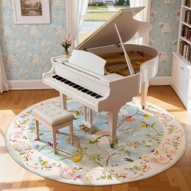 jinchan Floraison 8Ft Circle Rug Floral Washable Carpet Non Slip Indoor Netural Flower Large Area Rug Round Low Pile Soft Carpet for Living Room Bedroom Dining Room Blue/Pink