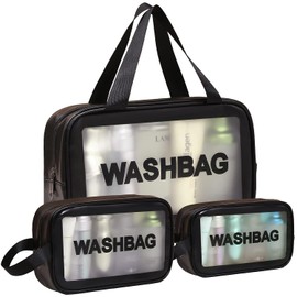 3 Piezas Bolsa de Maquillaje Impermeable, Neceser de Viaje para Mujer y Hombre, Cosmetiquera para Maquillaje Transparente, Bolsa para Baño Portatil y Gran Capacidad, Separación en Seco y Húmedo