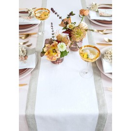 Solino Home Linen Table Runner 36 inch – White/Natural Shimmer Border Decorative Table Runner 14 x 36 Inch – Washable Dining Table Runner for Christmas, Holiday – Festive Edge