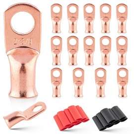 RED WOLF 2 AWG 3/8"(M10) 16 Pcs Wire Lugs Ring Terminal Connectors Ends, 2 Gauge Battery Cable Copper Connector Ring Ends Stud w/Heat Shrink Tubing 3:1 Black Red for Automotive Electrical
