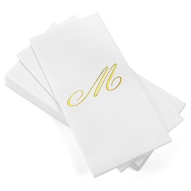 AH AMERICAN HOMESTEAD Disposable Napkins - Gold Monogram Guest Towel Napkins, Quilted Cloth-Like Napkins for Bathroom, Initial Napkins for Weddings, Parties, White 15.5 x 12 in, 50 Count (Gold, M)