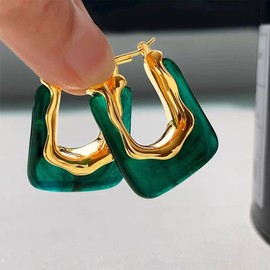 KONFEN 18K Hoop Earrings, U-Shape Chunky Earrings, Gold with Resin for Women, Earring Hoop Earrings, Earrings, Orings, Hypoallergenic, Geometric Ear Cup, Jewellery for Girls (Green/Amber), Resin