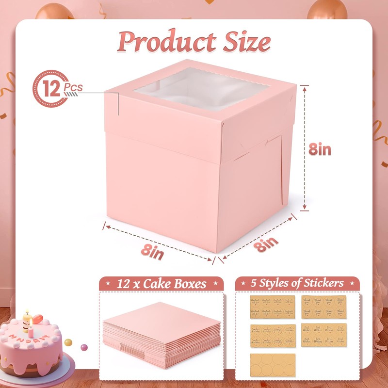 DOYIDE 12Pcs 8x8x8 Inches Cake Boxes, Pink Square Bakery Boxes