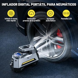 Compresor de Aire Portatil para Auto 12V, Inflador de Llantas Digital Automático con Pantalla LCD y Luz LED, Bomba Eléctrica con Kit de Adaptadores y Fusible - Herramientas Neumáticas