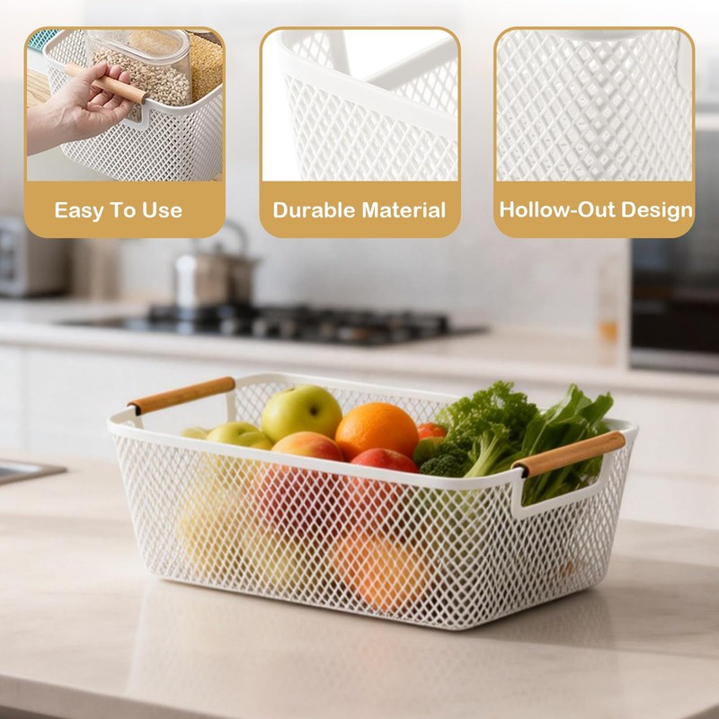 Runziti 2-Pack Plastic Storage Baskets with Handles, Mesh Pantry Organizer