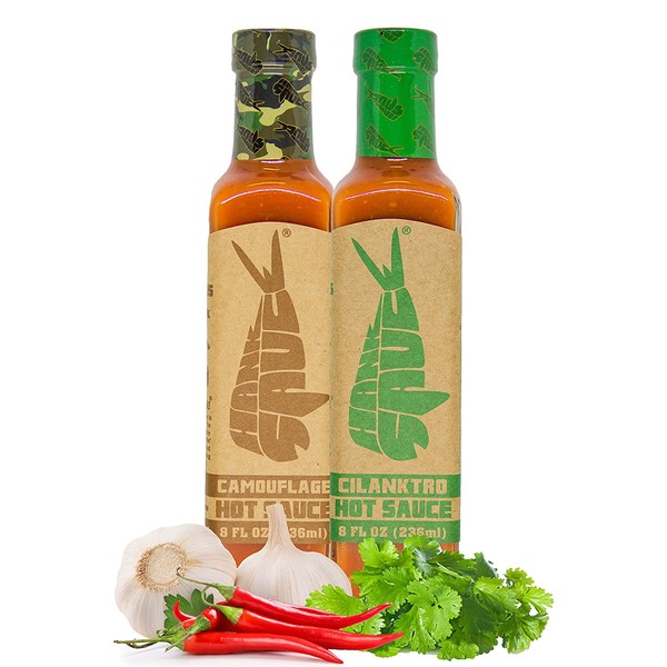 Hank Sauce Hot Sauce Variety Pack - Versatile Hot Pepper Sauce with Fresh Cilantro, Garlic & Peppers - Hot Garlic Sauce with Mild Heat & Unique Flavors - Camouflage & Cilanktro - 2 x 8 Ounces