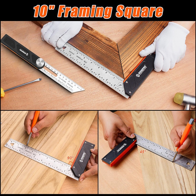 RONGPRO 4Pcs Woodworking Tools -7''Aluminum Rafter Square,12''Adjustable Protractor Angle Finder,10'Woodworking