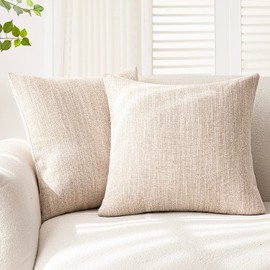 Foindtower Set of 2 Decorative Textured Burlap Linen Throw Pillow Covers Farmhouse Boho Cushion Cover Solid Accent Pillowcase for Couch Sofa Bed Living Room Home Decor, 24×24 Inch,Light Beige