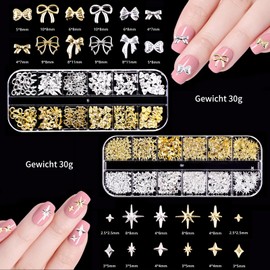 SHYSBV 2 Boxes Nail Charms, Gold/Silver Rhinestones with Stars & Bows - Metal Alloy, Rhinestones & Beads for Nail Art DIY Nail Art Accessories
