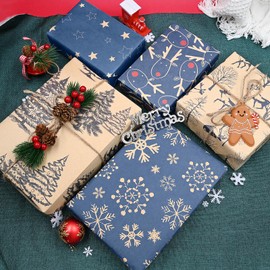 5 Sheets Christmas Kraft Wrapping Paper,DXTXTJ 50x70cm Recyclable Gift Wrapping Paper with 5 Patterns for Christmas,Father's Day,Birthday,Other Festivals