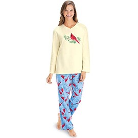 Collections Etc Seasonal Cardinal Fleece Pajama Shirt with Matching Cardinal Print Pants