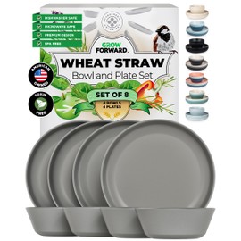 Grow Forward Premium Wheat Straw Plates and Bowls Sets - 8-Piece Wheat Straw Dinnerware Sets - Unbreakable & Reusable Microwave Safe Plastic Dinner Plates for Outdoors, RV, Camping Dishes - Feather