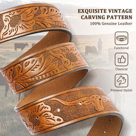 GENEMEN Western Cowboy Herd Buckle Belt for Men Women Cowgirl Floral Engraved Embossed Leather Belt for Jeans (Bronze Herd Brown, 110)