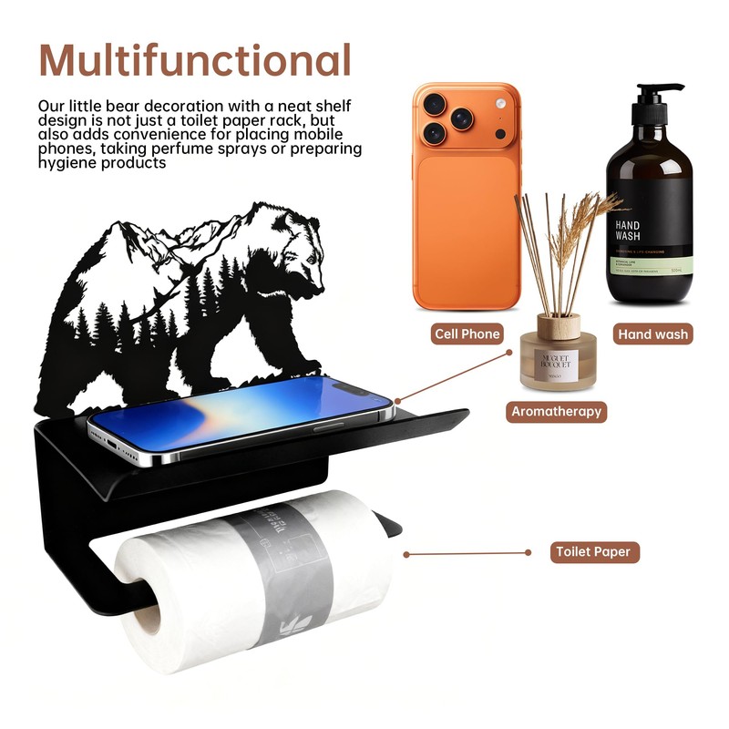Bear Toilet Paper Holder with Shelf - Rustic Bathroom Wall