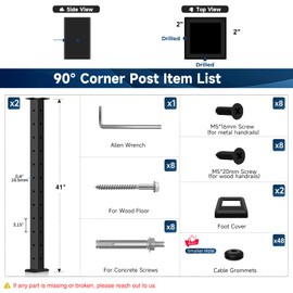 Gyykzz 2 Pack Cable Railing Corner Post 42", 90° L-Drilled Matte Black Corner Post for Deck Railing Kit System, Stainless Steel T304 Flat Top Cable Handrail Corner Post for Indoor Outdoor Deck Balcony