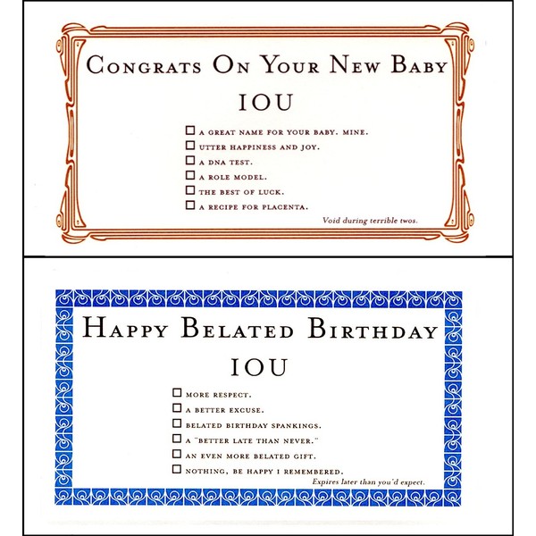 Quiplip belated Birthdays + IOU New Baby (6) Greeting Cards