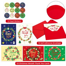 Fancy Land Christmas Thank You Cards with Envelopes Wreath Holiday Greeting Cards Set with Thank You Notes 10Pcs