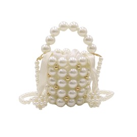 MOSSTYUS Girls Mini Pearl Purse Clutch Women Beaded Shoulder Bucket Handbag White Pearl Decoration Evening Bags with Inner Bag,4#