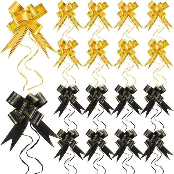 Syhood 20 Pieces Wrap Pull Bows Wrap Ribbon Bows Decoration Butterfly Wrap Bows Pull Bows Wide Wrapping Bows Accessory for Christmas Valentine's Day Party Snowman Room Decoration (Gold and Black)