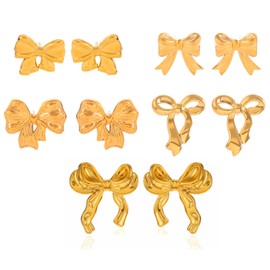 5 Pairs Bow Earrings, Stainless Steel Bow Stud Earrings, Gold Silver Bow Stud Earrings for Women, Teen Bowknot Stud Earrings, Ribbon Bow Studs, Bow Jewellery Women (Gold)