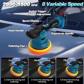 BOKA BAY Cordless Car Buffer Polisher Kit 6 Inch with 21V 2x2000mAh & 9 Pcs Attachments, Car Polisher with 8 Variable Speed 2800-5500RPM, Orbital Polisher for Detailing, Sanding, Scratch Removing