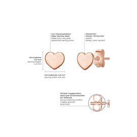 Glanzstücke München Women's Stud Earrings Heart Sterling Silver Rose Gold-Plated Earrings Heart Shape Rose Gold Ear Jewellery Women Teenager Girls, No Gemstone