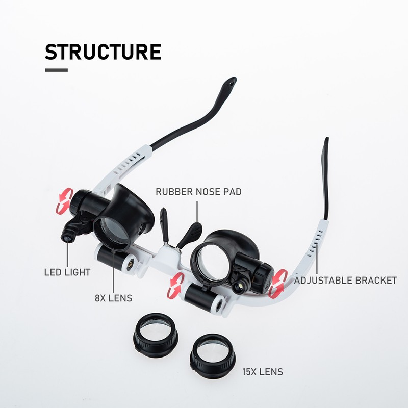 Loupe Magnifier Glasses Head Mount with LED Light Adjustable Glasses