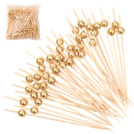 200 Pcs Cocktail Picks,4.7 Inch Toothpicks for Appetizers,Disposable Bamboo Cocktail Stick for Drink,Fruits,Desserts,Party Fancy Toothpicks,Mini Electroplated Gold Bead Food Picks Decorative