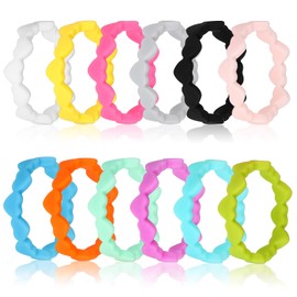 Longbeauty 10 Pack Candy Color Wedding Band for Men Women Flexible Comfort Sport Silicone Ring Black Red Blue Yellow Pink White Green Purple (Heart: 12pack, 7)