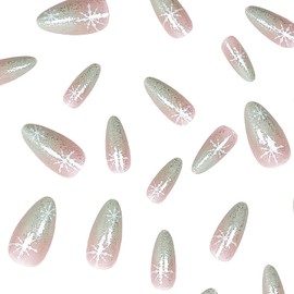 RIICFDD Christmas Press on Nails Medium Fake Nails Almond Shape False Nails Snowflake Glue on Nails White Sparkly Acrylic Nails Full Cover Glossy Stick on Nails for Women Nail Art 24 Pcs