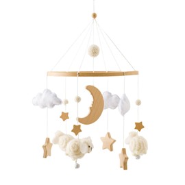 Promise Babe Baby Mobile Wooden Sheep Baby Wind Chimes with Felt Balls Wooden Star Moon Baby Girl Mobile Baby Bed Baby Table Changing Table Wood Crocheted Clouds Mobile Bell Bed Pendant Sheep Bed